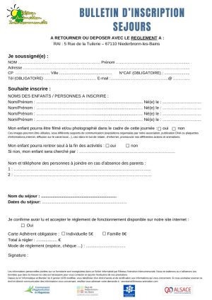 Bulletin d'inscription vacances